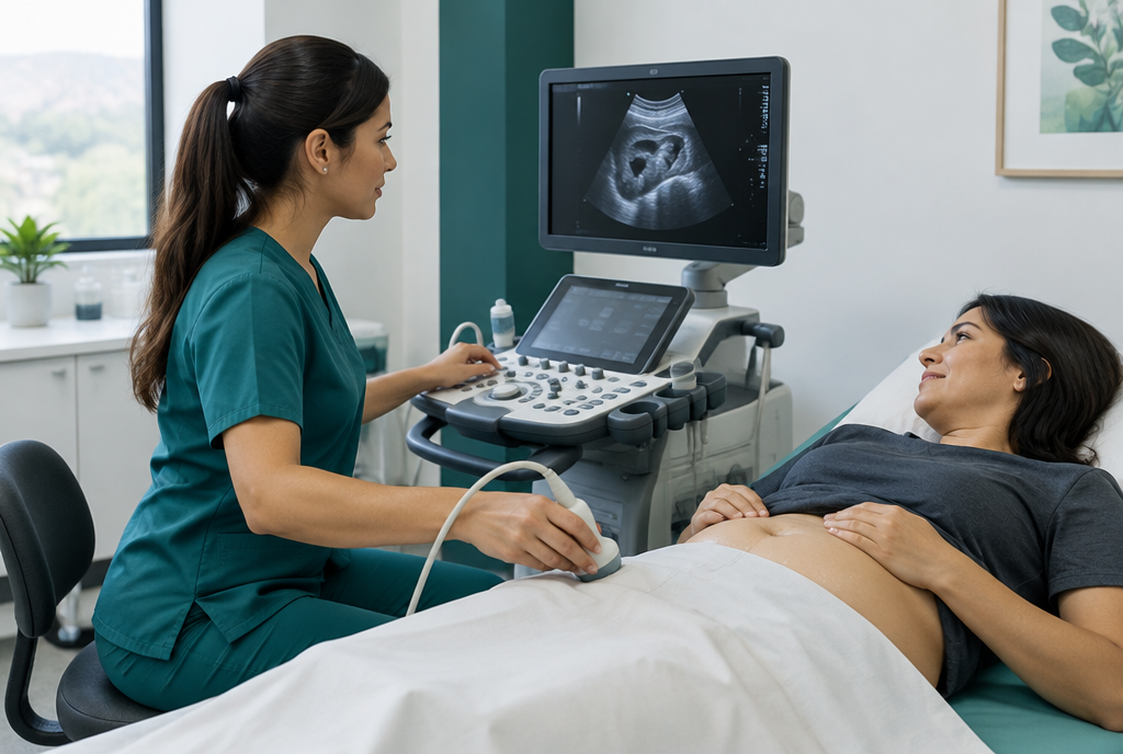 Profesional realizando una ecografía abdominal; escena ilustrativa